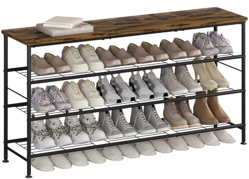 SUOERNUO Shoe Rack Organizer 4 Tier for Closet Entryway Free Standing Metal Storage Shoe Shelf with MDF Top Board (Black+Rustic Brown, Large 4 Tier)