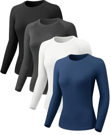 Orrfreer 4 Pack Women's Activewear Gym Tops Long Sleeve Compression Shirt Fitness Workout Yoga Tops Ladies Sports Running T-Shirt Fast Dry, Breathable