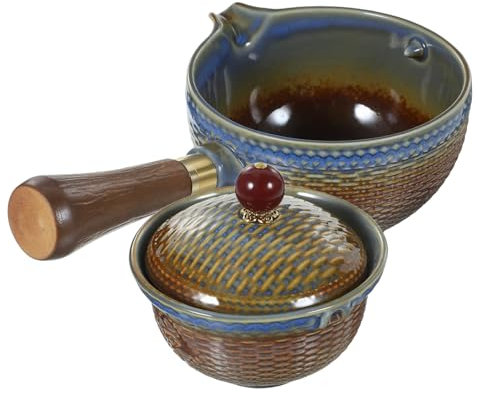FUNOMOCYA Tetera De Cerámica Con Asa Lateral 360° Giratoria, Capacidad Pequeña, Madera y Cerámica, Para Preparar Té Casero, Recipientes De Té Portátiles,