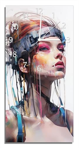 Wallario Design-Wanduhr Digitale Visionärin aus Glas, Motiv-Uhr Größe 30 x 60 cm, weiße Zeiger