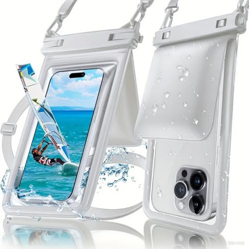 Yuexitech Waterproof Phone Case for Swimming, IX8 Phone Waterproof Pouch with Lanyard fits up to 7.5, Dual Pocket Under Water Phone Case for Filming, Diving, Snorkeling & Beach (White)