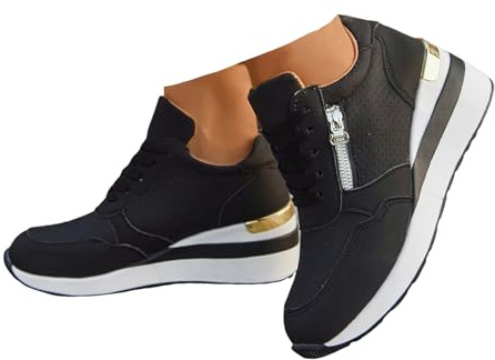 Xbemkste Sneaker dam, kilklack, platå, fritidsskor med dragkedja, andas, snörning, löparskor, sneakers, dam, platåskor, bekväma sportskor, svart, 40.5 EU