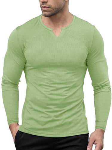 Agilelin Magliette Elasticizzate da Uomo con Scollo a V,T-Shirt Maniche Lunghe vestibilità Slim,Biancheria Intima Casual (Green/L)