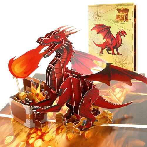 DORAFIORA® 3D Pop-Up Karte Drache mit Schatztruhe – Fantasievolle Glückwunschkarte für Kinder & Erwachsene | Pop Up Karte zum Geburtstag & für DnD- oder Fantasy-Fans | inkl. Umschlag