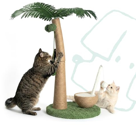 POMESEA Kratzbaum für Katzen 74 cm, Palmenform mit Hängespielbällen und Kokosfaser-Spielzeug, Kratzsäule für Wohnungskätzchen, extra Stabiler Standfuß, pfotenfreundliches Jutematerial