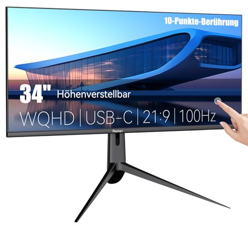 34 Zoll WQHD Touchscreen Monitor 3440×1440p, 350cd/m², 3000:1 Kontrast | Großer PC Touchscreen Bildschirm 100Hz, USB-C,USB-B, USB-A, DP, HDMI, Höhe/Drehung/Neigung Verstellbarer Ständer, Schwarz
