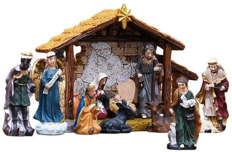 Générique Crèche De Noël Traditionnelle 12 Pièces | Ensemble De Crèche en Résine avec Personnages, Mangeoire Et Étable, Figurines De La Nativité pour Décoration De Noël