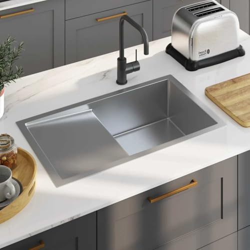 Fregadero De Cocina De Acero Inoxidable Hecho A Mano Con Escurridor, Acabado Cepillado Y Drenaje En X, kitchen sink, Fregadero Bajo Encimera, Apto Para Cocinas Y Lavaderos, Plata, 75x44x20 cm