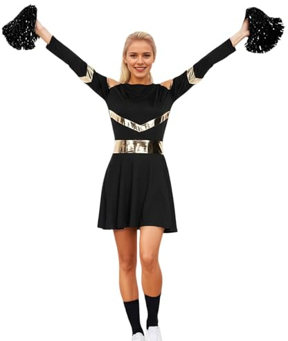 RuFengz Cheerleader Kostüm Damen Langarm Cheerleader Outfit Faschingskostüme Cheerleader Football Kostüm Cheerleader Uniform Cheerleading mit Pompons und Strümpfe