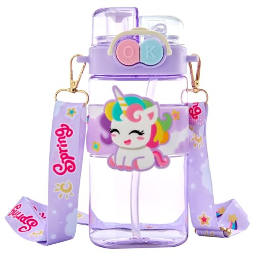 WFKKMEQ Unicorn Water Bottle with Straw, Unicorn Drinking Bottle Water Bottle Bottles with Straw and Adjustable Strap Double Drinking Leakproof Sports Bottles for Travel School (520ML) Accessories