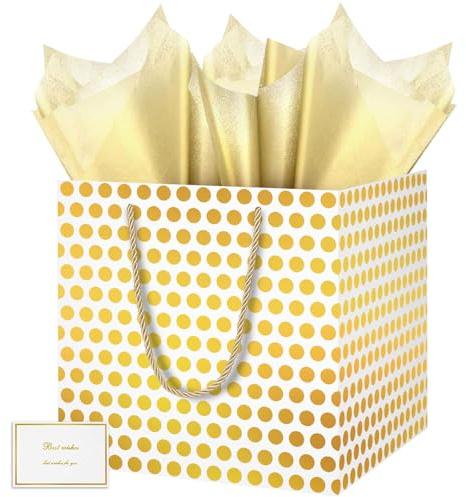 HONTIUS 11.8 Quadratische Geschenktüten, Gold Punkte Geschenktüten Groß Geschenktüte xxl mit Taschentuch und Karten, Geschenk Tüte Papiertüten mit Henkel 30 * 30 * 30cm Gift Bag Bags 1Stück D