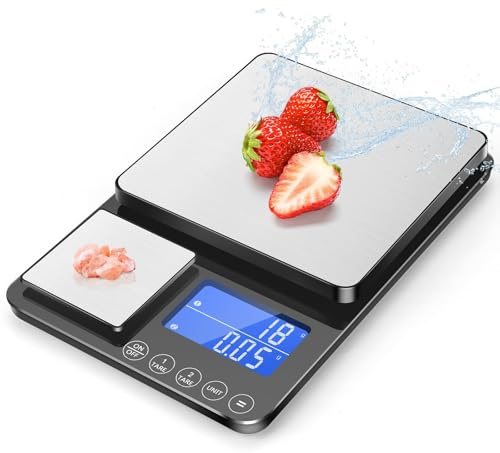 Drcowu Digital köksvåg med dubbel plattform, 15 kg/1 g & 500 g/0,01 g precisionsvåg, dubbelfunktion finvåg med Tara & summerfunktion, rostfritt stål, för matlagning, bakning och smycken, 7 enheter