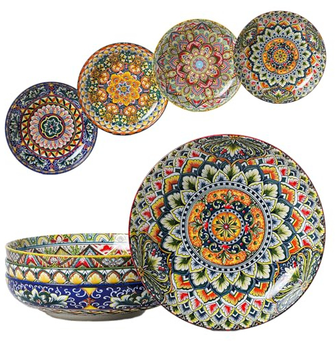 Henten Home Pastatallriksset, sopptallrik/Färgglada djupa tallrikar 4-pack, 1000ml mångsidiga skålar för soppa, pasta, spaghetti, sallad - Serie Mylo, Boho-stil