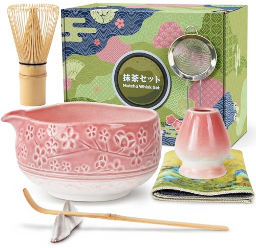 Liconico Kit Matcha 7 piezas, Batidor de Bambú con Soporte, Cuenco de Cerámica con Pico, Colador, Cuchara, Portacucharas y Paño – Para Matcha Latte, Ceremonia del Té Japonés – Gradiente Rosa