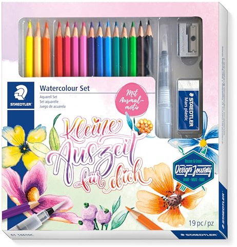 STAEDTLER 146 10C meTime 18-teiliges Set – Wasservermalbare Aquarellstifte und Buntstifte für Erwachsene, 12 Malstifte mit Wasserpinsel, Radierer und SpitzerC