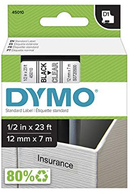 DYMO Authentic D1 Label l DYMO Labels for LabelManager COLORPOP and LabelWriter Duo Label Makers Great for Organization Indoor or Outdoor Use ½” (12mm) Black Print on Clear Tape Water Resistant