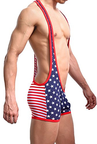 S Forever Men's Sexy Sports Jockstrap Jumpsuit,USA Flag Bodysuit Wrestling Singlet (X-Large)