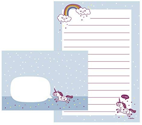 dabelino® Kinder-Briefpapier-Set: Einhorn und Regenbogen (Mädchen, lila, rosa) - A5, liniert mit Umschlägen + Malblock
