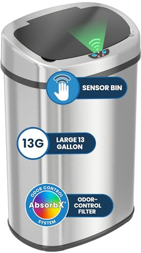 iTouchless 13 Gallon Oval Sensor Trash Can with Odor Filter, Fingerprint-Proof Stainless Steel, 50 Liter Automatic Kitchen Garbage Bin, Smart Hands-Free Motion Lid, Quiet Soft-Close, Brushed Silver