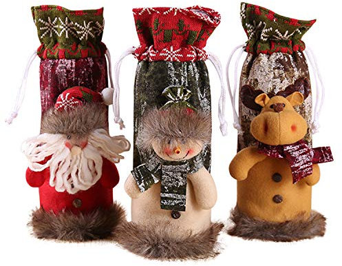 semen Weihnachtdeko Tischdeko 3 Stück Wein Flasche Wrap Cover Santa Claus Motiv Flaschenhülle Weihnachtsschmuck Tasche Mit Kordelzug Beutel Geschenkverpackung für Weihnachten Party Dekoration