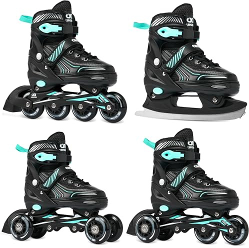 CROXER Optima 4in1 Inline Skates Pattini in linea Triskates Pattini a rotelle/da ghiaccio per bambini e adulti regolabili (Black/Mint, 39-42 (24cm-26,5cm))