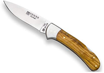 Joker Navaja de caza Cocker NO47, mango de olivo, virola inox, hoja de 9 cm MOVA, herramienta de pesca, caza, camping y senderismo