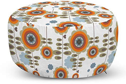 Ambesonne Blumenhocker im Retro-Stil, floraler Hintergrund mit abstrakten, bunten Blüten, Gartenpflanzen, dekorative, weiche Fußstütze mit abnehmbarem Bezug, Wohnzimmer und Schlafzimmer, Orange-Weiß