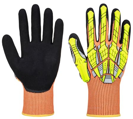 Portwest A727 Impact E13 Nitrile Sandy Glove Thermoplastic Rubber | Orange, Large, EN 388 Cut Level E, EN 407 (X1XXXX), UKCA, 13 Gauge Liner, Wet and Dry Grip, High Visibility Liner