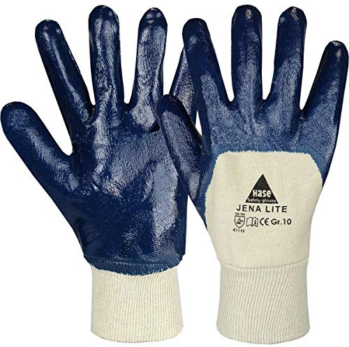 12 Paar Hase Safety Jena Lite Nitril-Arbeitshandschuhe teilbeschichtet, ölbeständige Nitrilhandschuhe mit Strickbund Größe L (09)