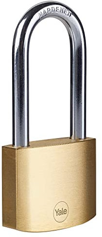 Yale Lucchetto in ottone Y110B/50 50 mm con arco extra lungo: corpo solido con doppia chiusura cilindro a 5 perni e arco in acciaio temprato testato EN12320 per protezione sicura e versatile