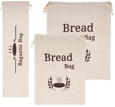 Paquet de 3 sacs à pain en lin réutilisables avec cordon de serrage. Sac Baugutte, Grand Sac à Pain, Sac à Pain Moyen 23 x 33m