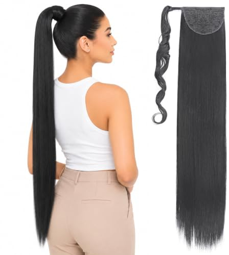 SEGO 81cm Ponytail Clip in Pferdeschwanz Extension Lang Haarteil Haarverlängerung Zopf Hair Piece Glatt wie Echthaar Glatt-Schwarz 81 cm