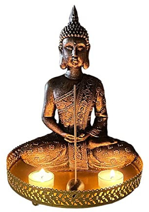 YUNHOME Schmücken Feng Shui Buddha Figur Buddha Deko Buddha Statue Buddha-Statue Kerzenhalter Zen Yoga Spa Haus Heimtextilien Harz Buddha-Statue Handwerk Heimtextilien,Gold (Mit Tablett)