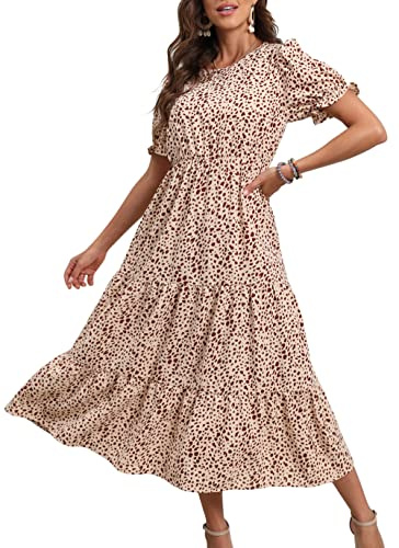 GRECERELLE Womens Summer Midi Dress Floral Print Boho Dress Ruffle Puff Sleeve High Waist A-Line Casual Boho Cocktail Holiday Beach Long Dress for Ladies