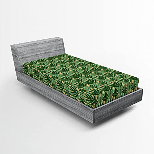 Ambesonne Banana Leaf 2 Pack Fitted Sheet, Windmill Palm Trees, Bed Cover All-Round Elastic Deep Pockets 2 Pieces, Package Contains 2 Twin Size Fitted Sheets, Pale Yellow Jade Green