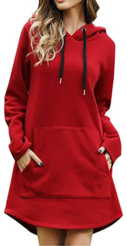 Osheoiso Robe Sweat Femme Automne Hiver Grande Taille Pull à Manches Longues avec Capuche Poches Sweater Pullover Robes de Casual Ample Hoodie Robe Chaude Chemisier B Rouge XL