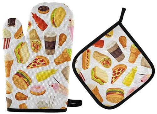 Oven Mitts And Pot Holders Set Of 2 Cartoon Fast Food Kitchen Mitts Non Slip Baking Gloves Insulated Kitchen Oven Gloves For Baking Cooking