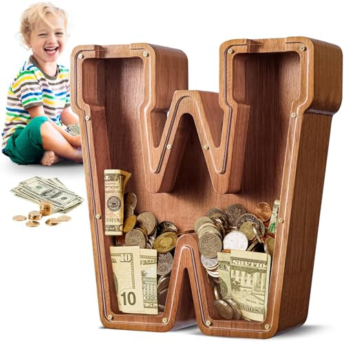 Summidate Large Wooden Piggy Bank for Kids Adults, Letter W Money Bank for Boys Girls, Personalized Initial Alphabet Bank for Coins Bills Change, Birthday and Decor
