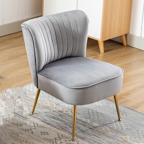 chairus Samt Polsterstuhl mit Metallbeinen Gepolsterter Einzelsofa Moderner Lesesessel für Balkon Wohnzimmer (Grau-1er)