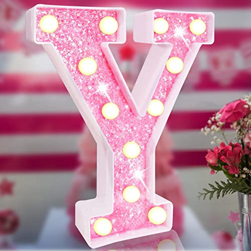 Light Up Letters, Glitter Alphabet Letter Sign Pink LED Marquee Letter Lights Battery Powered for Night Light Girls Bedroom Birthday Party Wedding Home Christmas Decorations Gift for Her-Pink Y