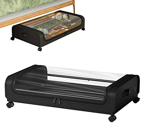 Unterbett Schubladen mit Rollen, Roll Unterbett Stauraum 2-in-1 Unterbett-Stauraum auf Rädern Unterbett Kleidungs Schublade 80 x 44 x 16 cm, mit Deckel, transparentes Fenster (Schwarz)
