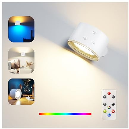 Wandleuchte Innen, Wandbeleuchtung mit Dimmbar RGB-Ambiente-Beleuchtung mit Fernbedienung mit Akku mit USB-Ladeanschluss, 1-Stunden-Timer-Funktion Obere und untere Lichtquelle Wandlampe (Weiß)