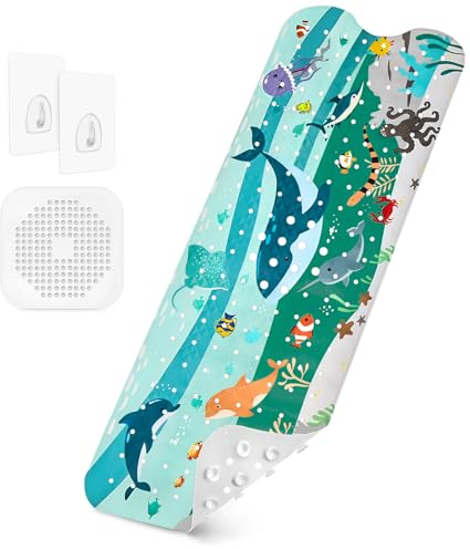 Badewannenmatten rutschfest Kinder，100% BPA frei Enthält 2 Haken zum Aufhängen,100x40cm，Antirutschmatte für Badewanne，Duschmatte,schimmelresistent & maschinenwaschbar,Badematte Kinder Badewanne