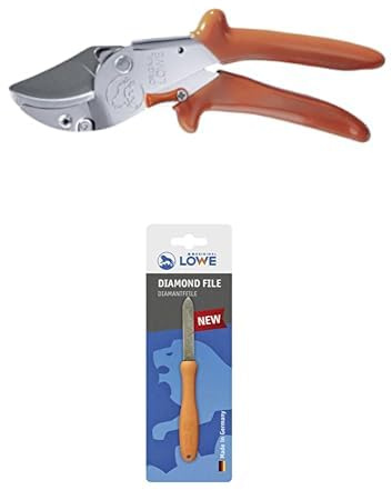 Original LÖWE Set bestehend aus Amboss Profi Gartenschere 10.107 mit Bypass Geometrie für Schneidearbeiten im Obstbau & Diamantfeile 0023 für Scheren, Äxte und Werkzeuge