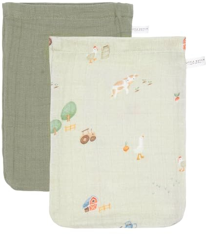 Little Dutch Waschlappen Waschhandschuh Musselin 2er Set für Baby und Kinder Tiere - Little Farm grün