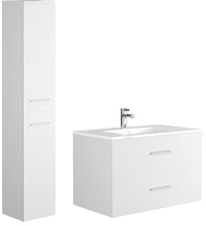 Vente-unique - Meuble de Salle de Bain Suspendu Simple Vasque avec Colonne de Rangement - Coloris Blanc - 80 cm - Kayla