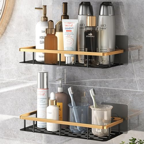 Duschablage Ohne Bohren, 2 Stück Badezimmer Regal, Badregal Bad Organizer Rostfrei Duschregal für Shampoo und Duschgel, Edelstahl Duschkorb Duschhalterung Bad Zubehör für Bad & Küchen (Gold)
