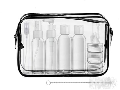 MORICOH Transparenter Kulturbeutel mit 14 Stück Reiseflaschenset(100ml) | Reisenflaschen Set und 1 Stück Flüssigkeitsbeutel (20 x 20 cm),Reise Zubehör, Reiseutensilien