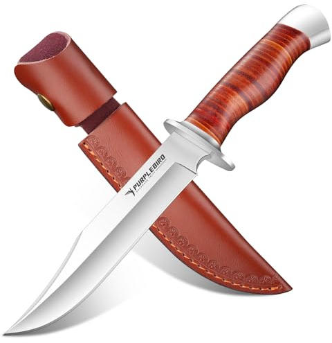 PURPLEBIRD Jagdmesser Feststehende Klinge Scharfes, Messer Outdoor Survival mit Lederscheide, D2 Stahl Gürtelmesser & Camping Messer Outdoor Geschenk für Jagd, Wandern und Angeln