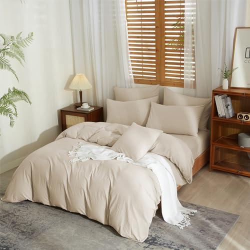 YASMENG Biancheria da letto in misto lino, 200 x 200 cm, beige, biancheria da letto in lino e cotone, morbida, traspirante, morbida, moderna, in lino, 3 pezzi, con chiusura lampo e 2 federe da 80 x 80